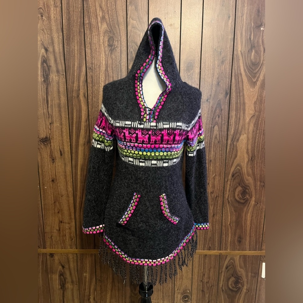 El Condor Grey/multicolor Pullover Hoodie 50% Wool W/pocket Stretch Sweater  S